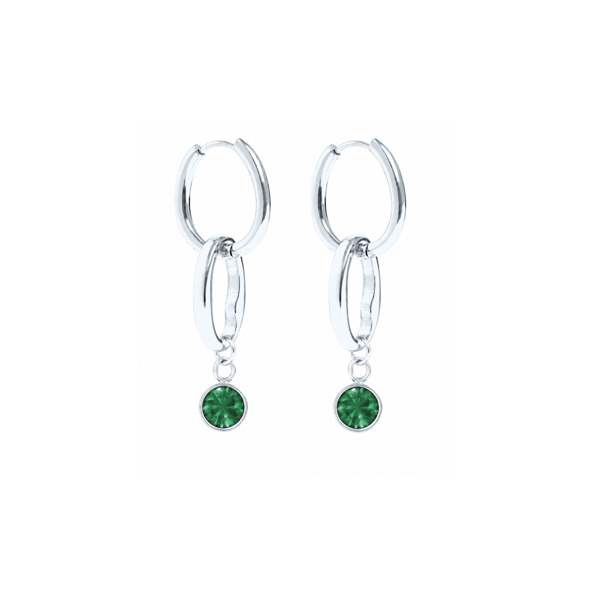 A pair of silver hoop earrings with a double-ring design and a small round green crystal dangle, shown on a plain white background.