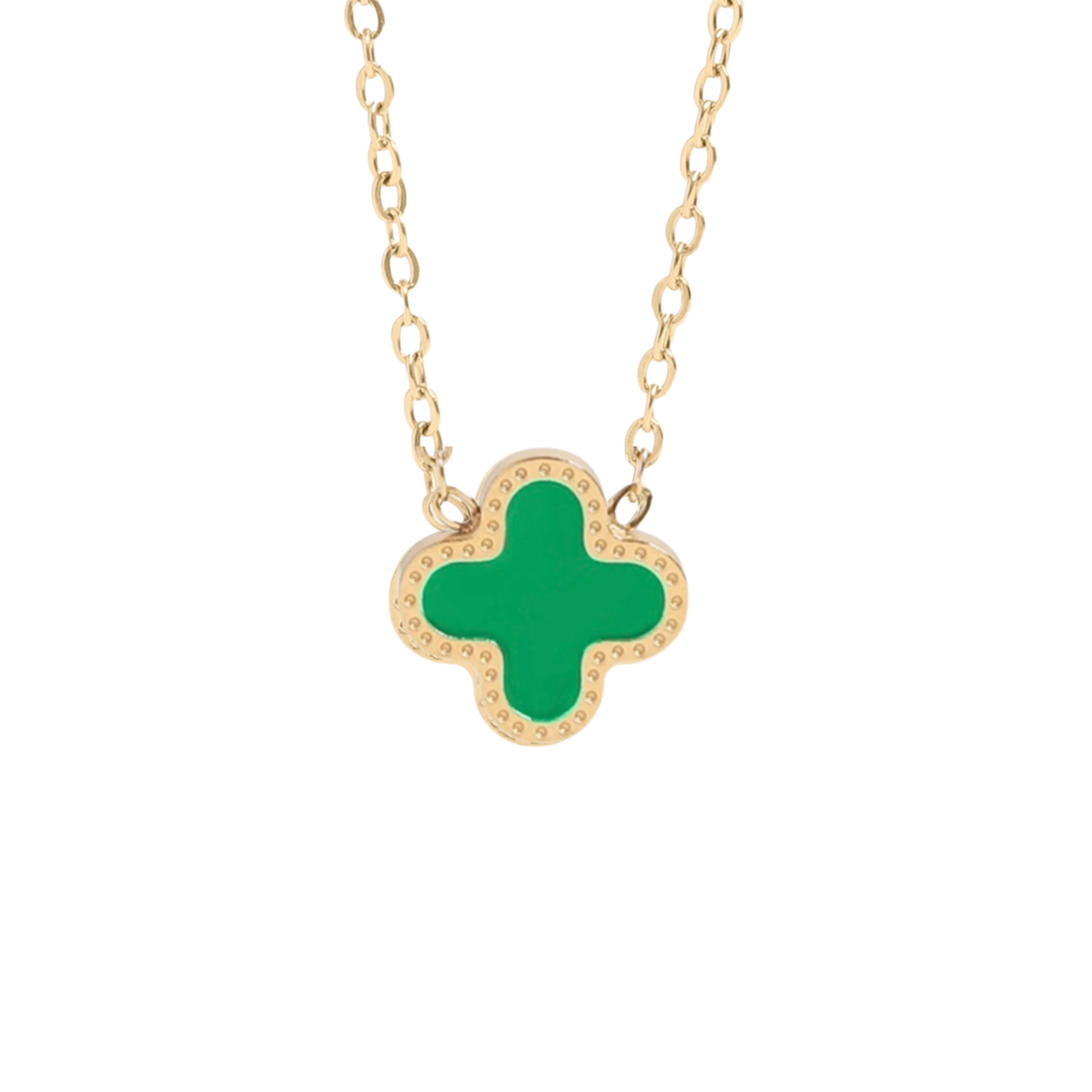 A gold-tone necklace featuring a clover-shaped pendant with a vibrant green enamel center and a border of small clear stones, shown against a plain white background.