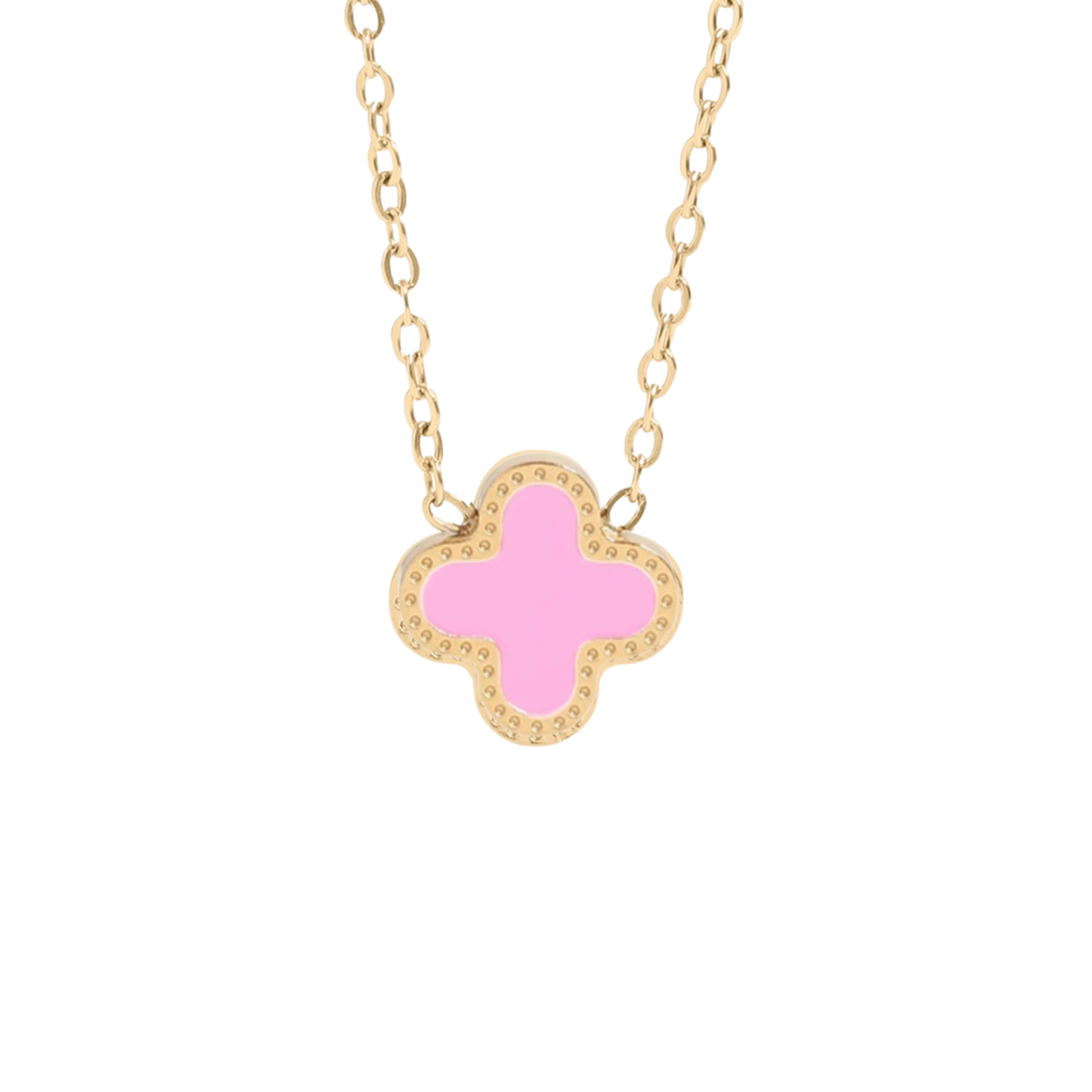 Maeve Necklace in Pink. A gold-tone necklace featuring a clover-shaped pendant with a vibrant pink enamel center and a border of small clear stones, shown against a plain white background.