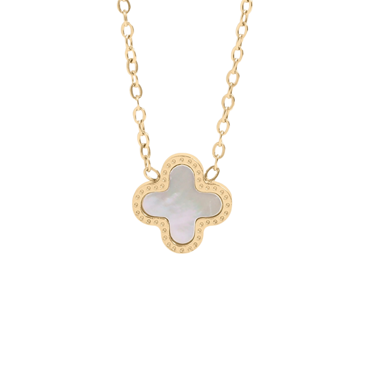Maeve Necklace in Silver. A gold-tone necklace featuring a clover-shaped pendant with a silver mother-of-pearl inlay and a border of small clear stones, shown against a plain white background.