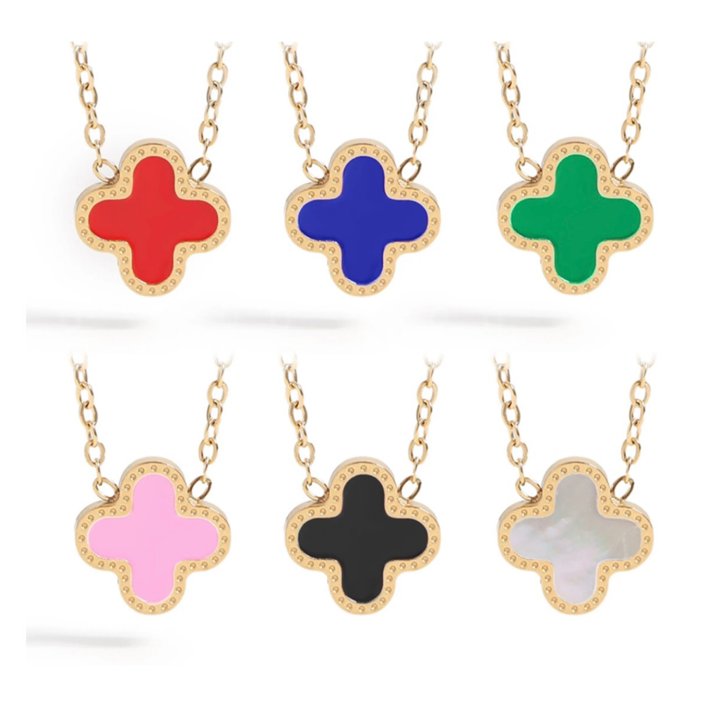 Maeve Clover Necklaces in red, blue, silver, green, pink and back on white background
