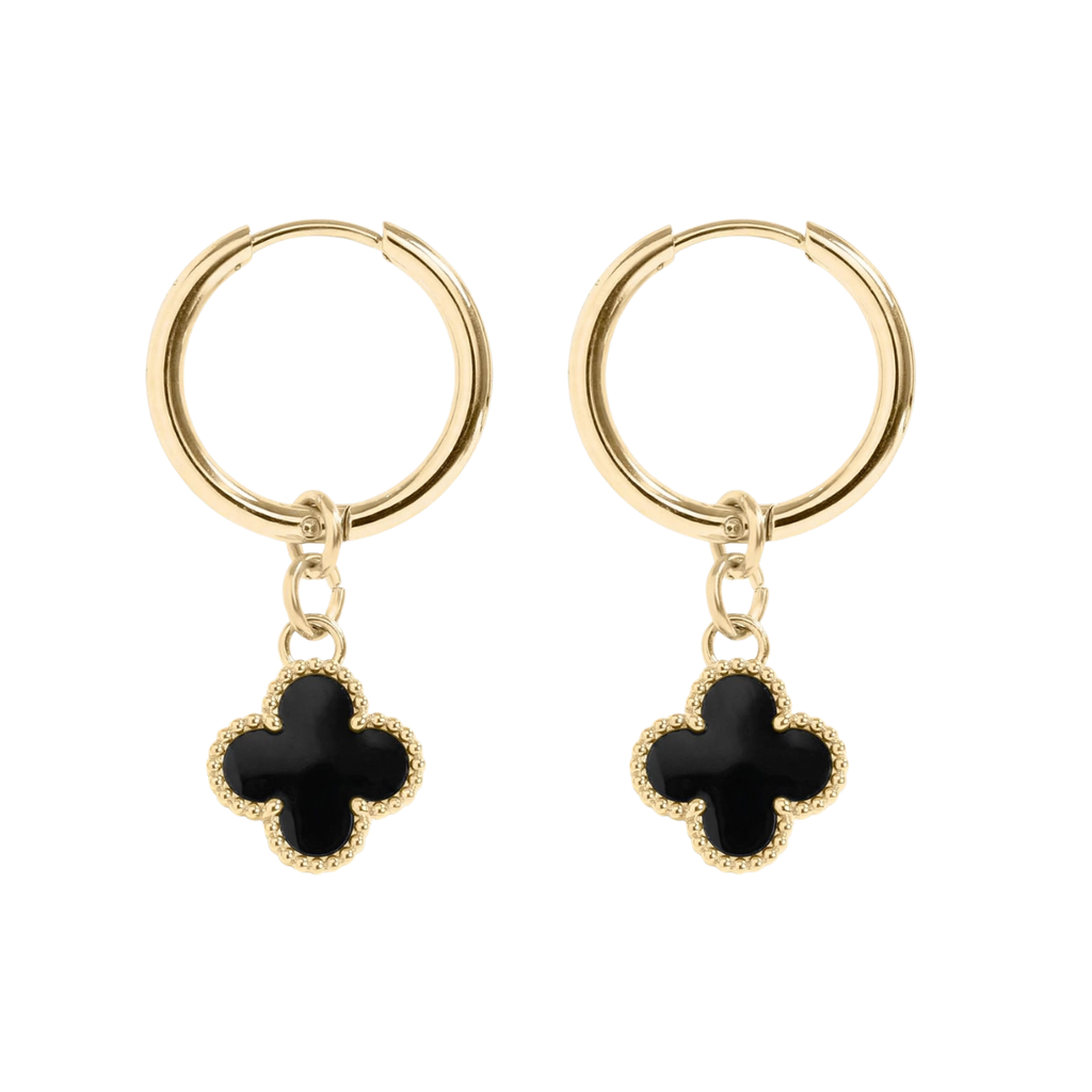 Maeve Clover Earrings with black and gold clover charms, from Garden District Jewelry's Irish Channel Collection