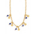 Mayfair Collection evil eye and sodalite charm necklace in gold, featuring blue sodalite beads and round gold evil eye charms along a delicate paperclip chain.
