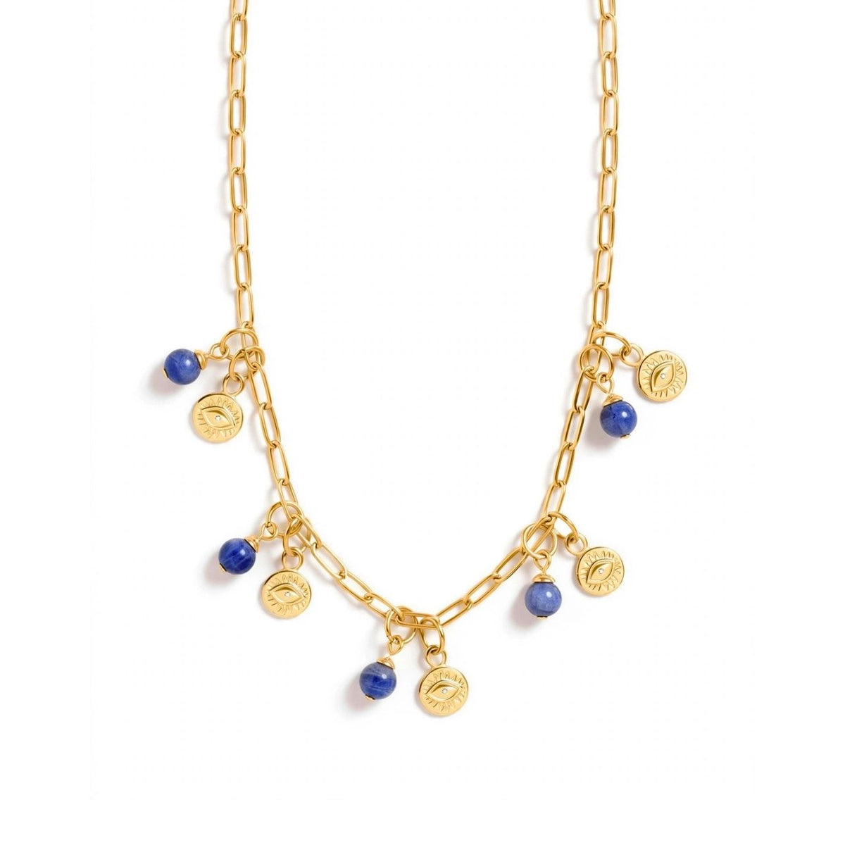 Mayfair Collection evil eye and sodalite charm necklace in gold, featuring blue sodalite beads and round gold evil eye charms along a delicate paperclip chain.