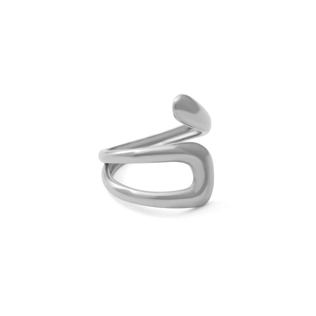 A minimalist silver wrap ring with a smooth, polished finish, displayed on a clean white background.