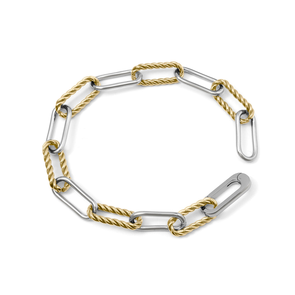 A two-tone chain link bracelet featuring silver-toned oval links and twisted gold-toned cable links, displayed on a clean white background.