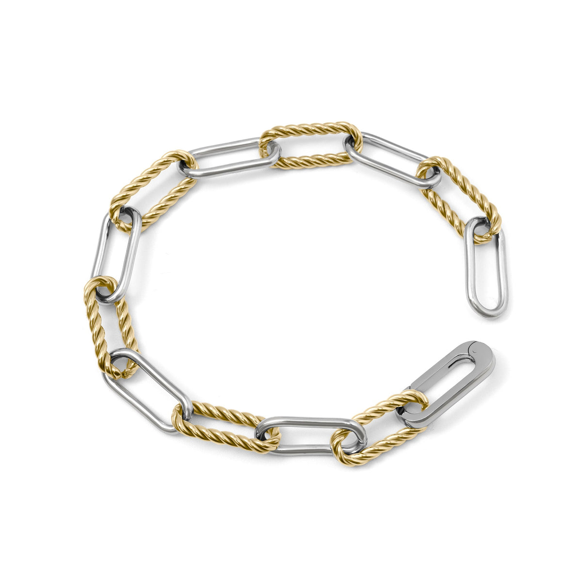 A two-tone chain link bracelet featuring silver-toned oval links and twisted gold-toned cable links, displayed on a clean white background.