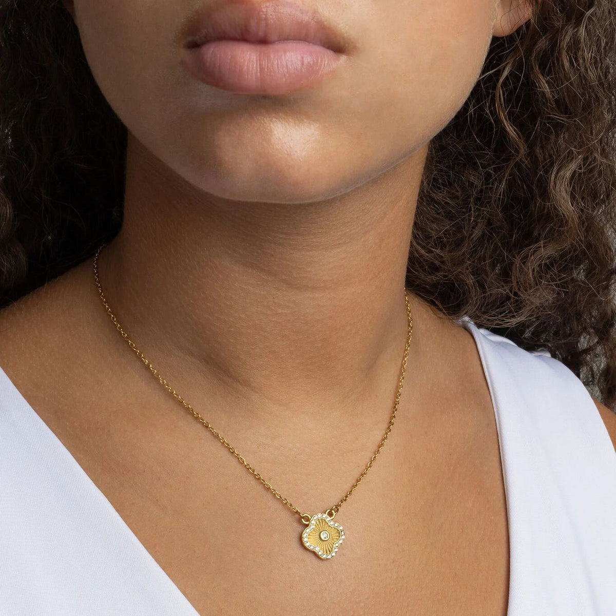 Floral Stone Pendant Necklace - gold on model