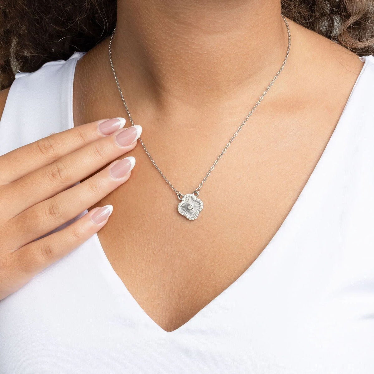 Floral Stone Pendant Necklace - silver on model