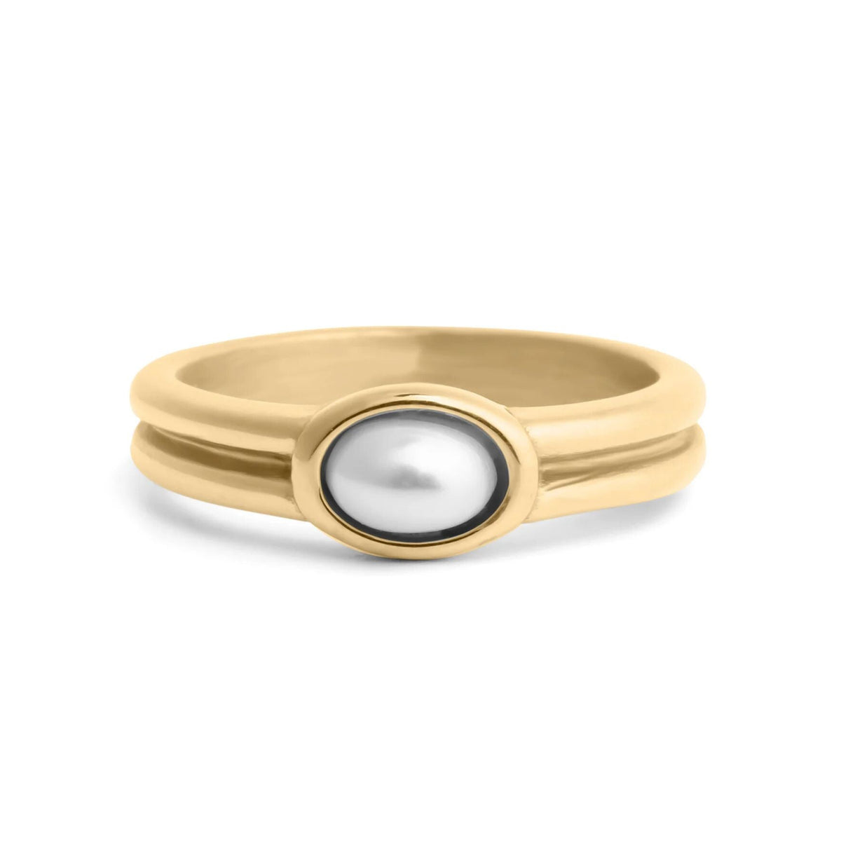 Gold ring with a central pearl on a white background