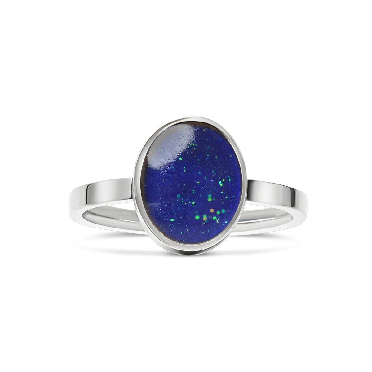 Silver mood ring with a blue gemstone on a white background