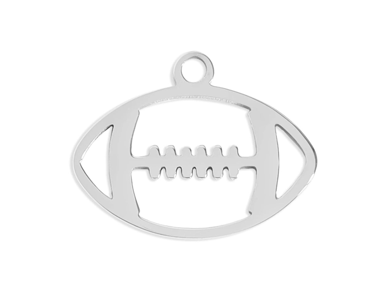 A polished silver metal pendant shaped like an American football, featuring a cutout lacing detail and a hanging loop at the top, shown on a plain white background.