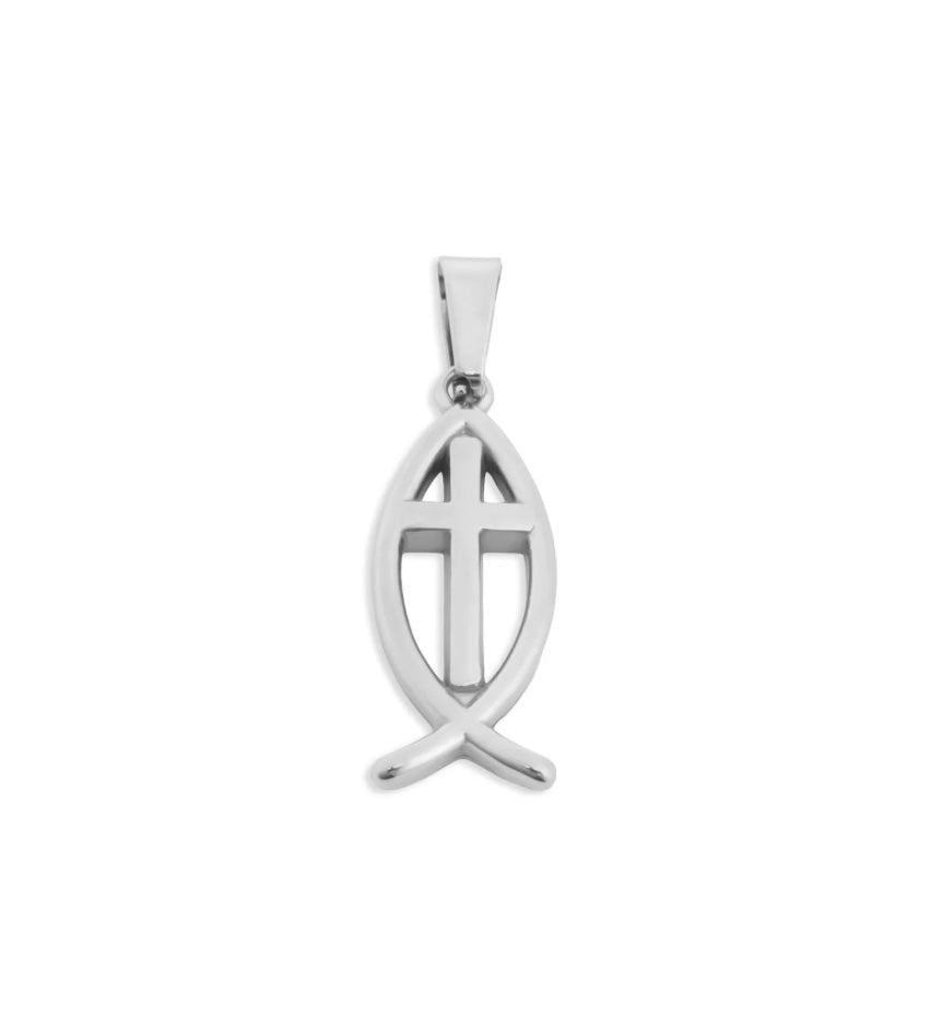 A polished silver pendant shaped like the Ichthys symbol with a cross in the center, shown on a plain white background.