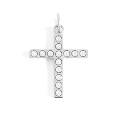 A silver cross pendant featuring a row of clear round stones along its arms, suspended from a delicate top loop, shown against a plain white background.