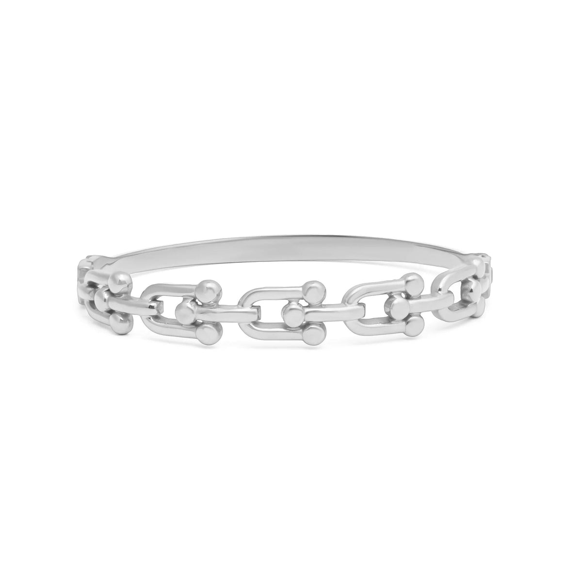 Silver hardware bangle bracelet on a white background