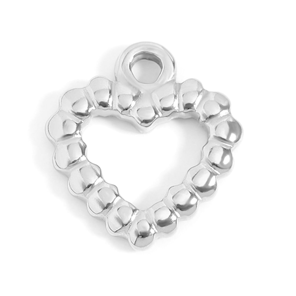 Silver heart-shaped charm on a white background