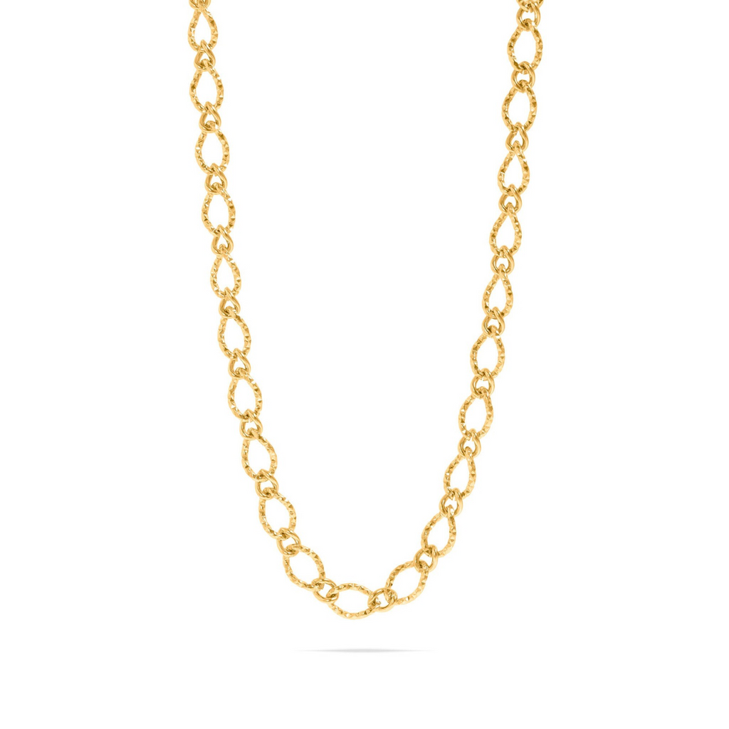 A gold chain necklace with textured oval links, displayed in a curved shape against a solid white background.