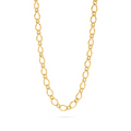 A gold chain necklace with textured oval links, displayed in a curved shape against a solid white background.
