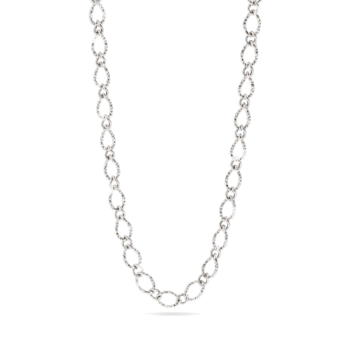 A silver chain necklace with elongated oval links, photographed against a plain white background.