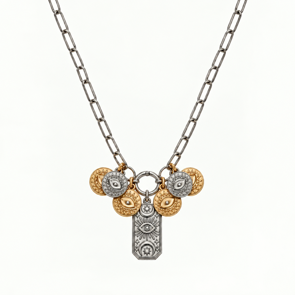 The Daphne Necklace from Garden District Jewelry New Orleans. A silver paperclip chain necklace featuring a multi-charm pendant with gold and silver evil eye coins and a central silver celestial pendant, shown on a plain white background.