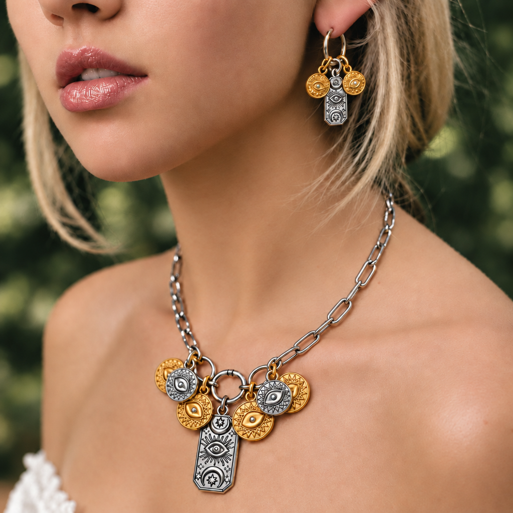 A close-up lifestyle shot of a model wearing The Daphne Necklace and earrings from Garden District Jewelry.  with gold and silver coin charms featuring evil eye details.