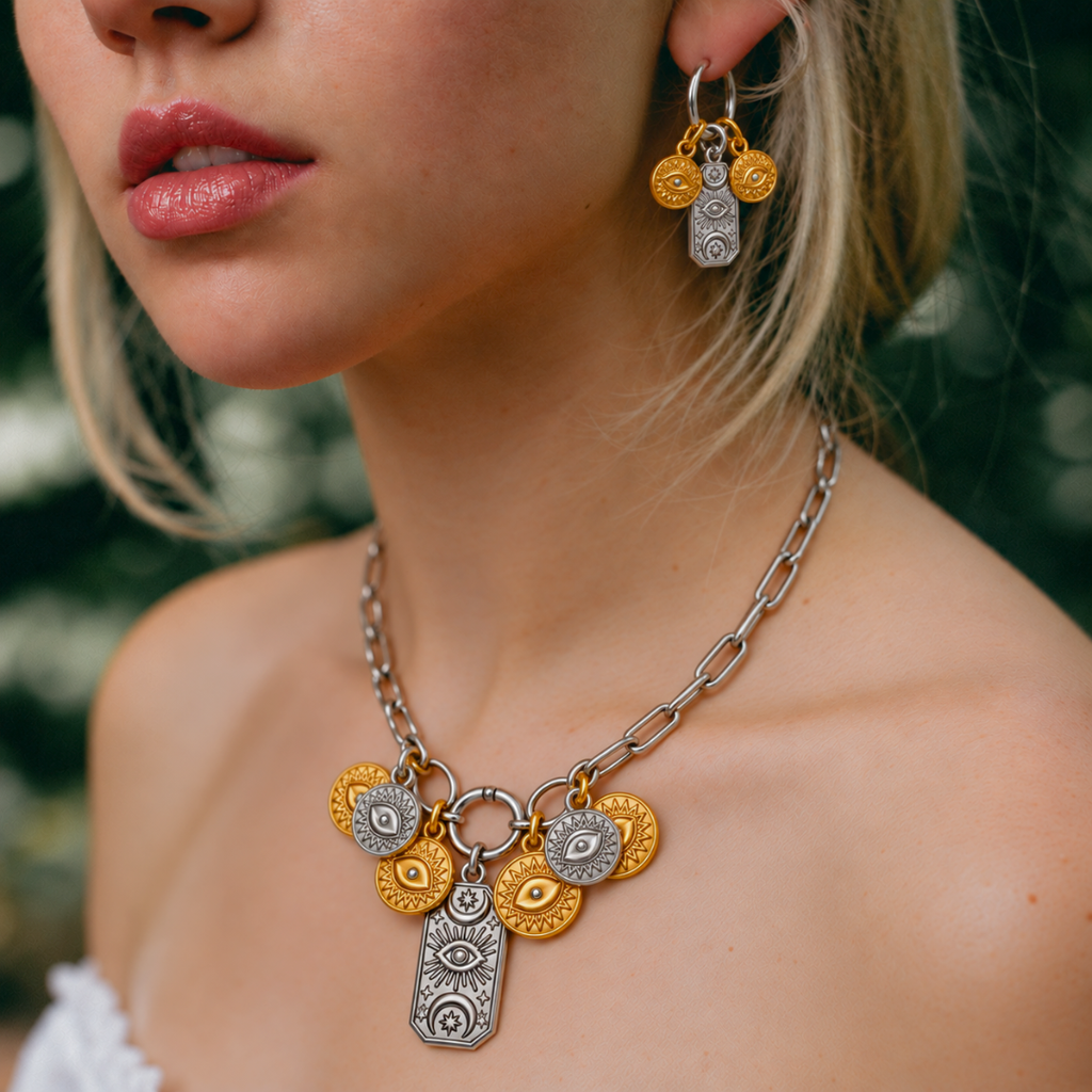 A close-up lifestyle shot of a model wearing The Delphine Necklace and earrings from Garden District Jewelry.  with gold and silver coin charms featuring evil eye details.