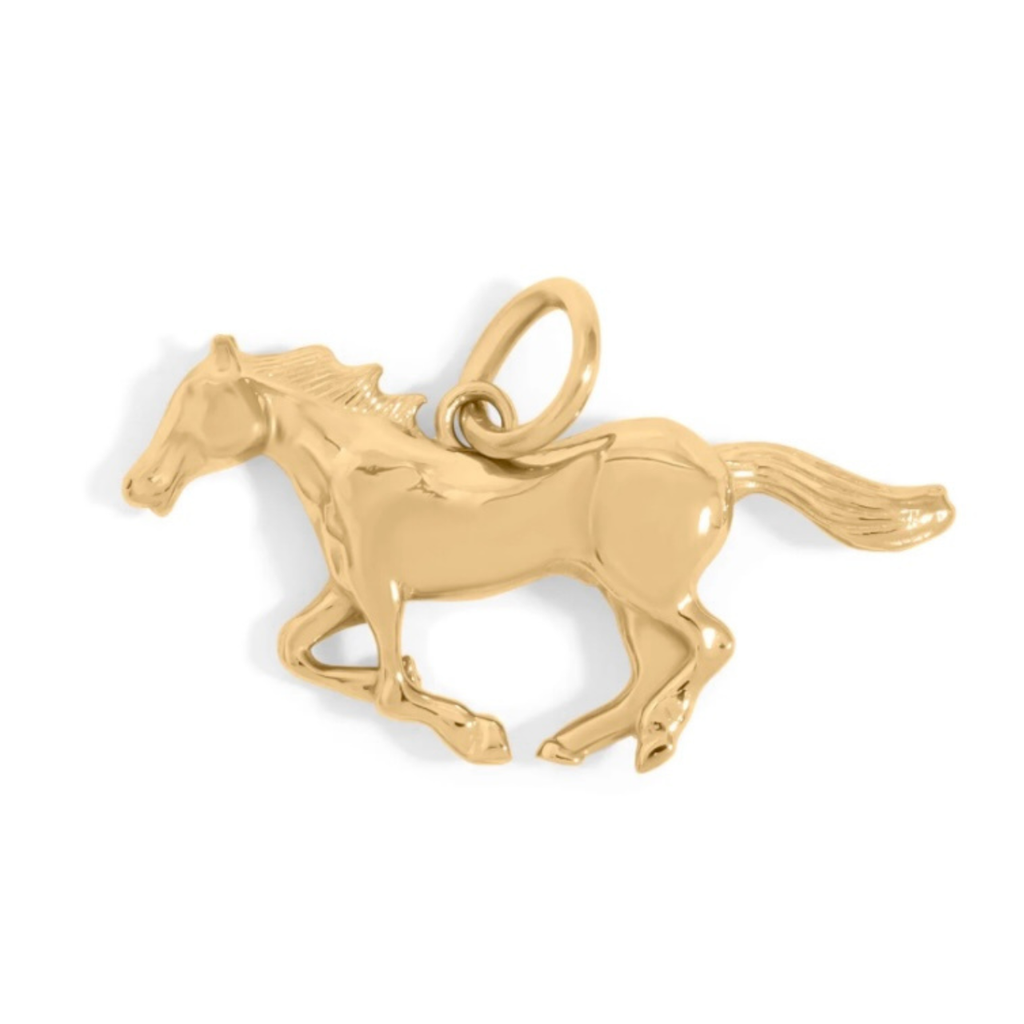 A polished yellow gold charm in the shape of a running horse, shown on a clean white background.