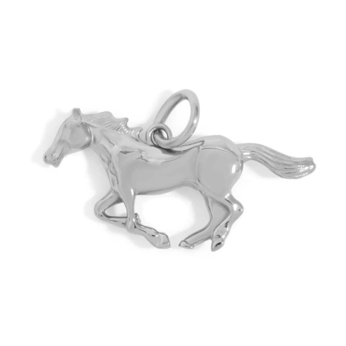 A polished silver charm in the shape of a running horse, featuring a detailed mane, tail, and a top loop for attachment, shown on a clean white background.