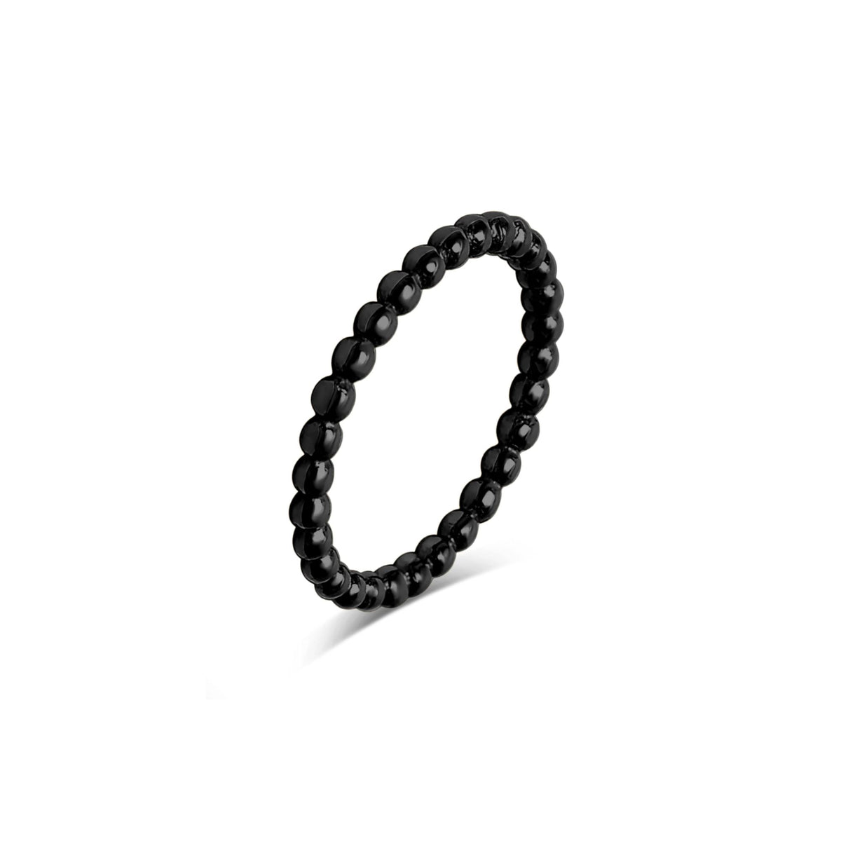 A black beaded stretch bracelet with glossy, polished round beads, shown standing upright on a clean white background.