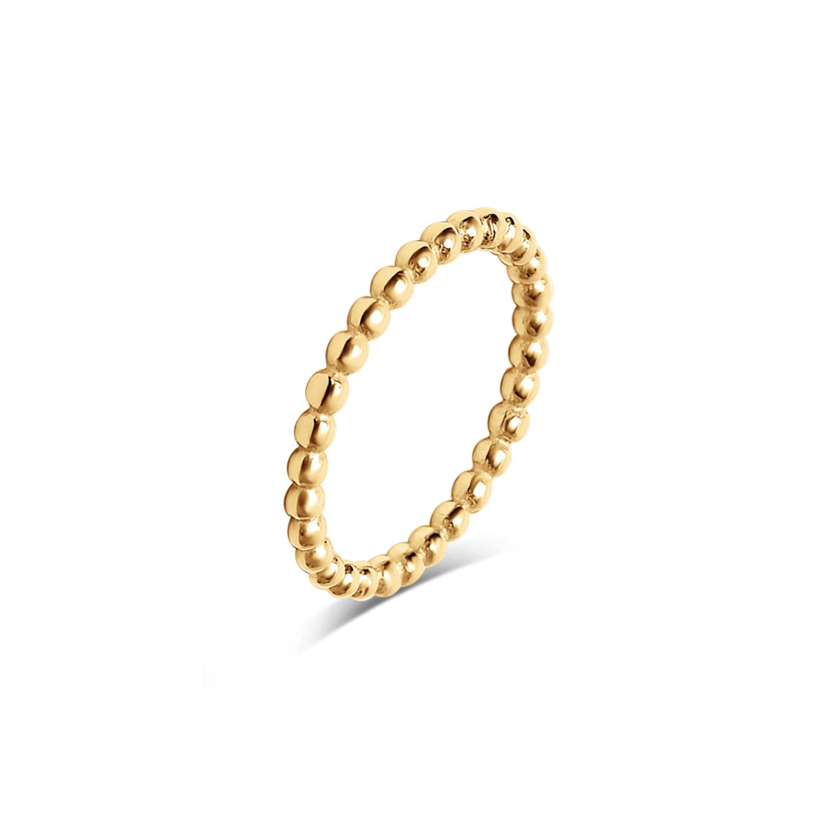 A gold beaded ring with a continuous series of polished round beads, shown standing upright on a clean white background.