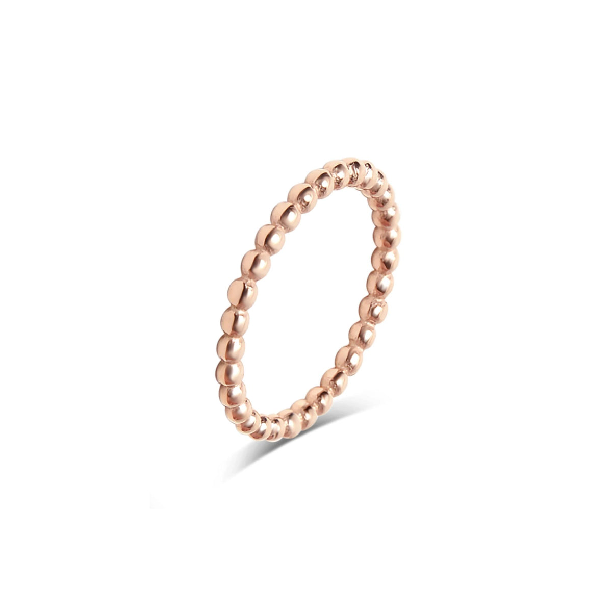 A delicate rose gold beaded ring with a continuous circle of small polished beads, shown on a clean white background with a soft shadow.