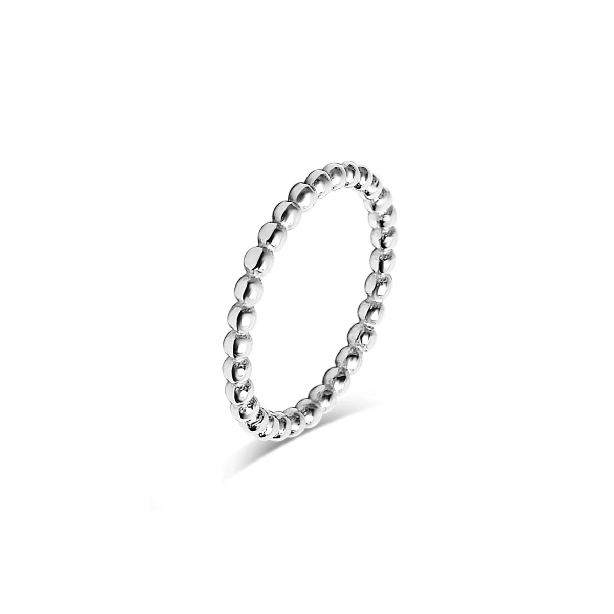 A silver beaded ring with a continuous row of small polished oval beads, shown standing upright on a clean white background.