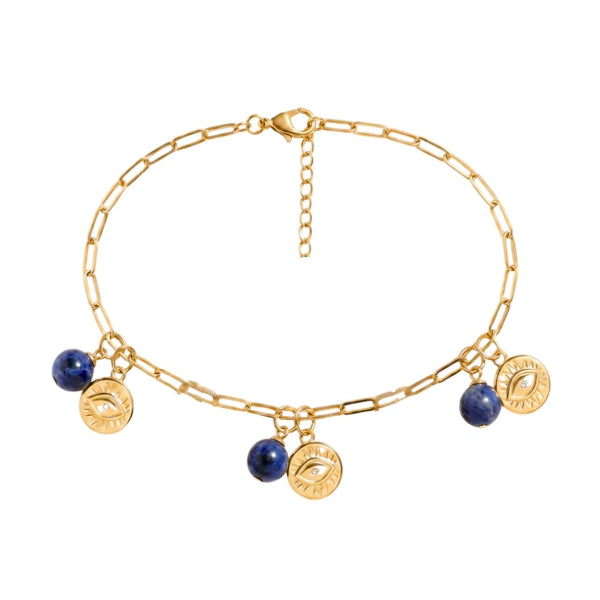 Evil Eye Coin and Sodalite Charm Bracelet in gold, featuring blue sodalite beads and gold evil eye charms, from Garden District Jewelry.
