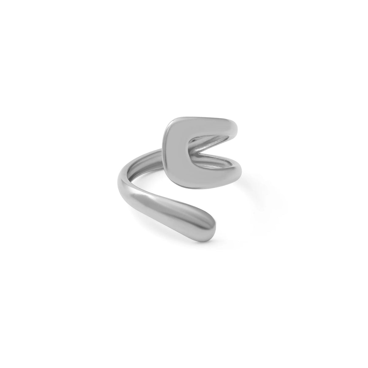 A minimalist silver open ring band with a smooth, polished finish and organic curved shape by garden District Jewelry, shown on a clean white background.