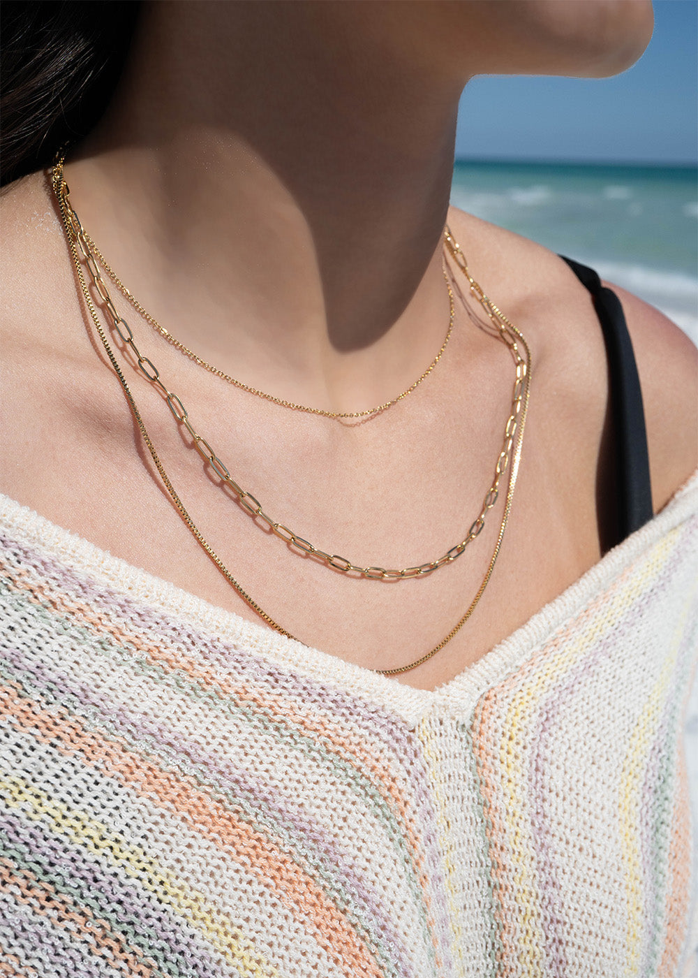 Layered Loop, Paperclip & Box Chain Necklace worn