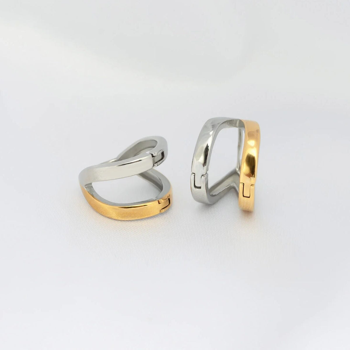 Camp Street Mixed Metal Split Hoop Earrings, two-tone gold and silver hoop earrings from Garden District Jewelry — product photo 3 of 3.