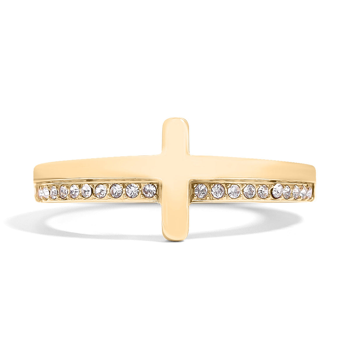 Cathedral Cross Ring with Stones, a gold cross ring set with cubic zirconia stones, from Garden District Jewelry — product photo 1 of 11.