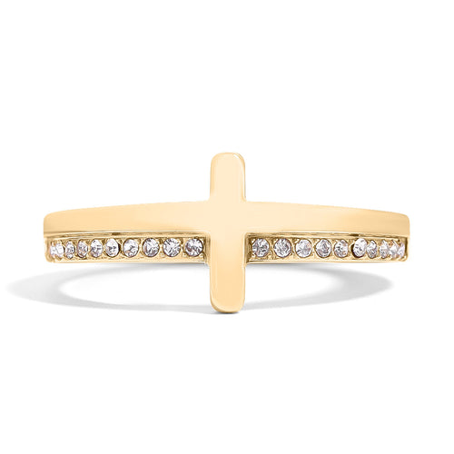 Cathedral Cross Ring with Stones, a gold cross ring set with cubic zirconia stones, from Garden District Jewelry — product photo 1 of 11.
