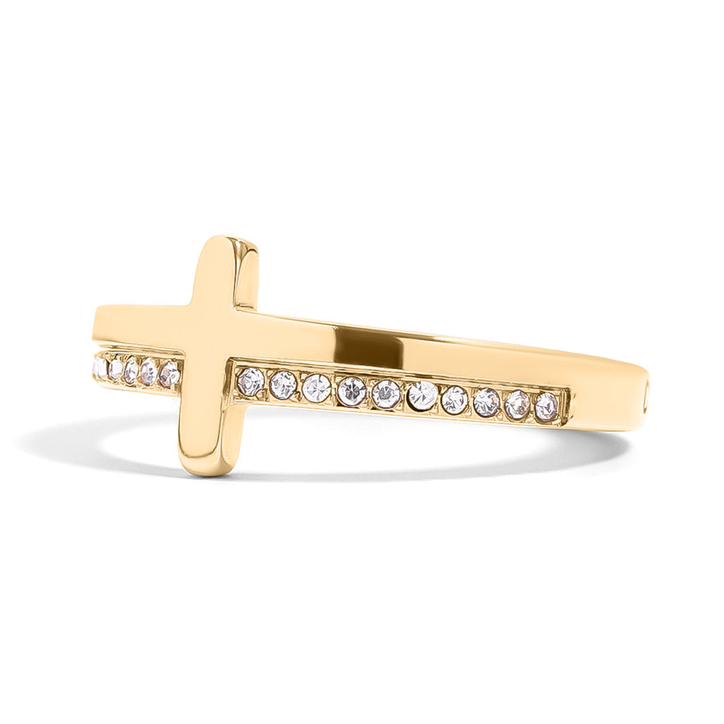 Cathedral Cross Ring with Stones, a gold cross ring set with cubic zirconia stones, from Garden District Jewelry — product photo 3 of 11.