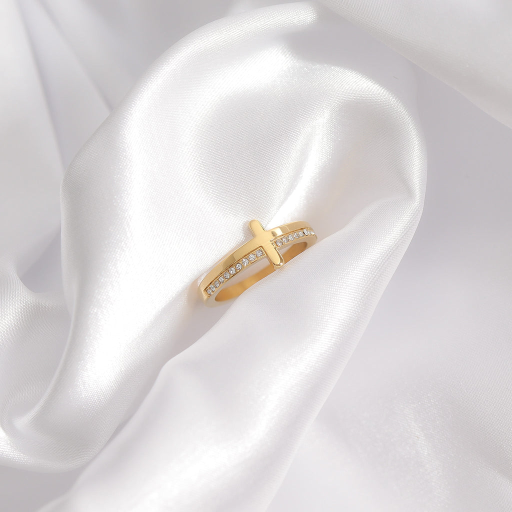 Cathedral Cross Ring with Stones, a gold cross ring set with cubic zirconia stones, from Garden District Jewelry — product photo 6 of 11.