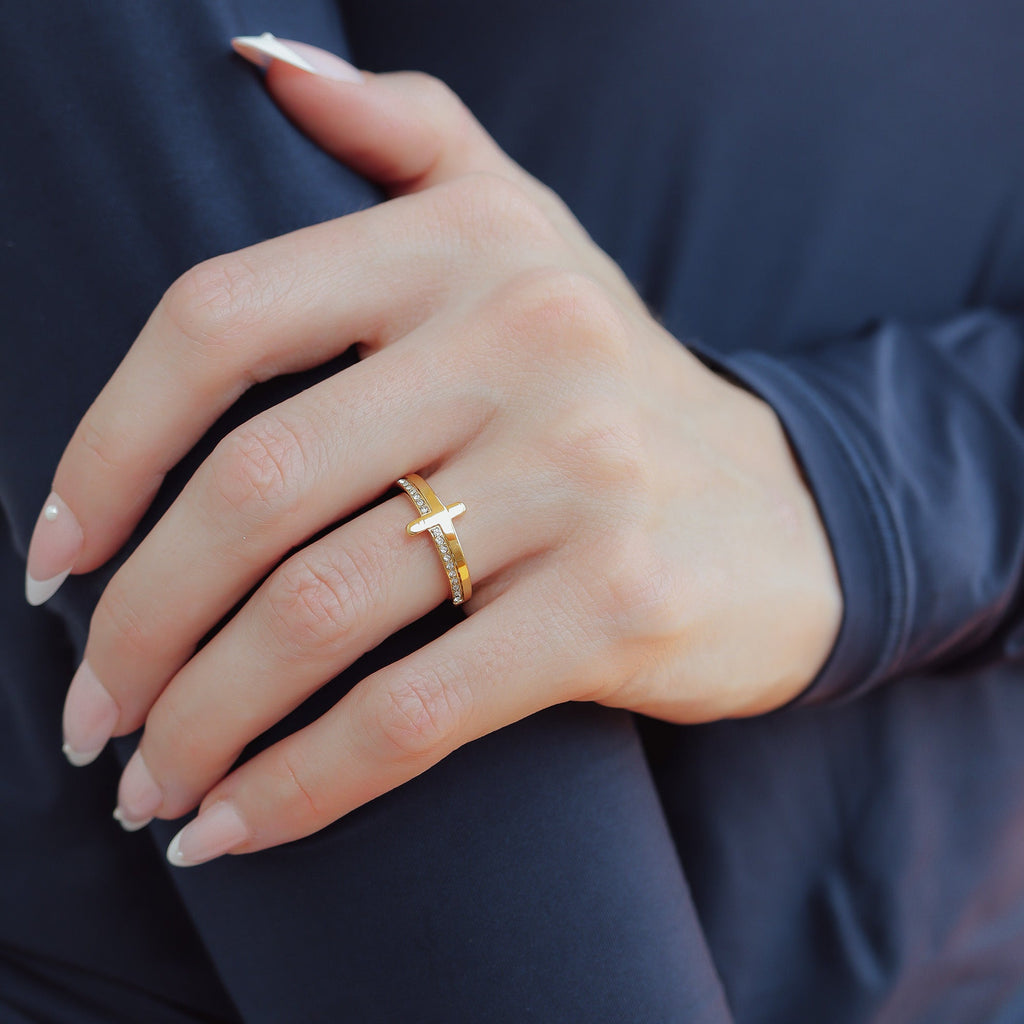 Cathedral Cross Ring with Stones, a gold cross ring set with cubic zirconia stones, from Garden District Jewelry — product photo 7 of 11.